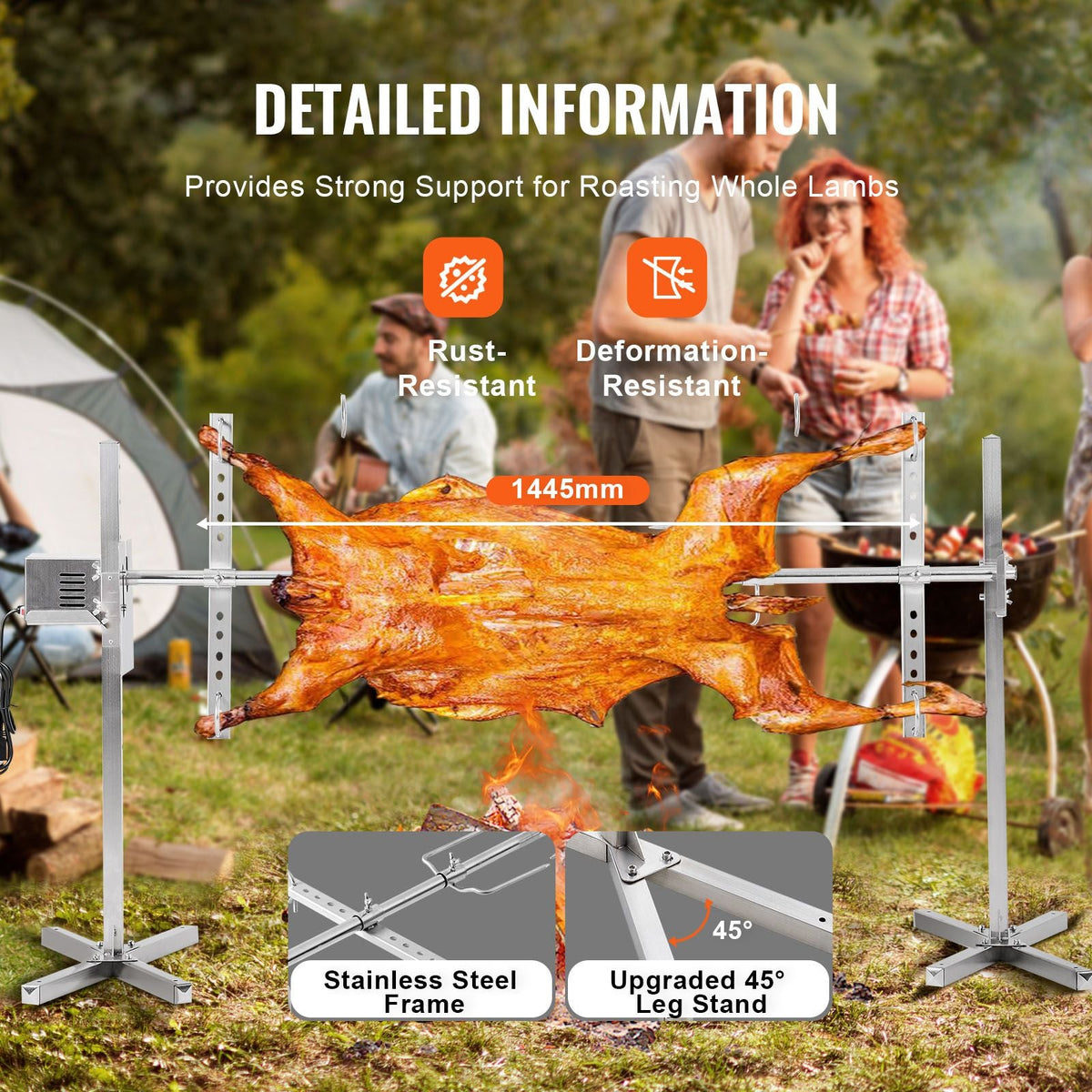 Electric BBQ Rotisserie Grill Kit, 56 Inch 132 lbs Capacity, Automatic 52W Motor Height Adjustable Universal Roaster Stand, Stainless Steel Grilling Kit, Spit Rod with Heat Shield for Pig Lamb