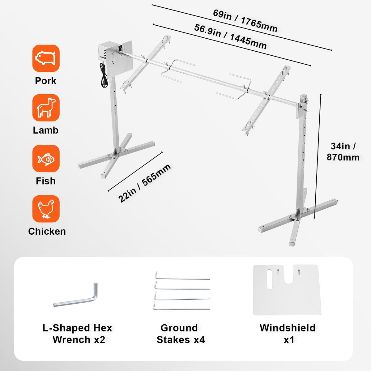 Electric BBQ Rotisserie Grill Kit, 56 Inch 132 lbs Capacity, Automatic 52W Motor Height Adjustable Universal Roaster Stand, Stainless Steel Grilling Kit, Spit Rod with Heat Shield for Pig Lamb