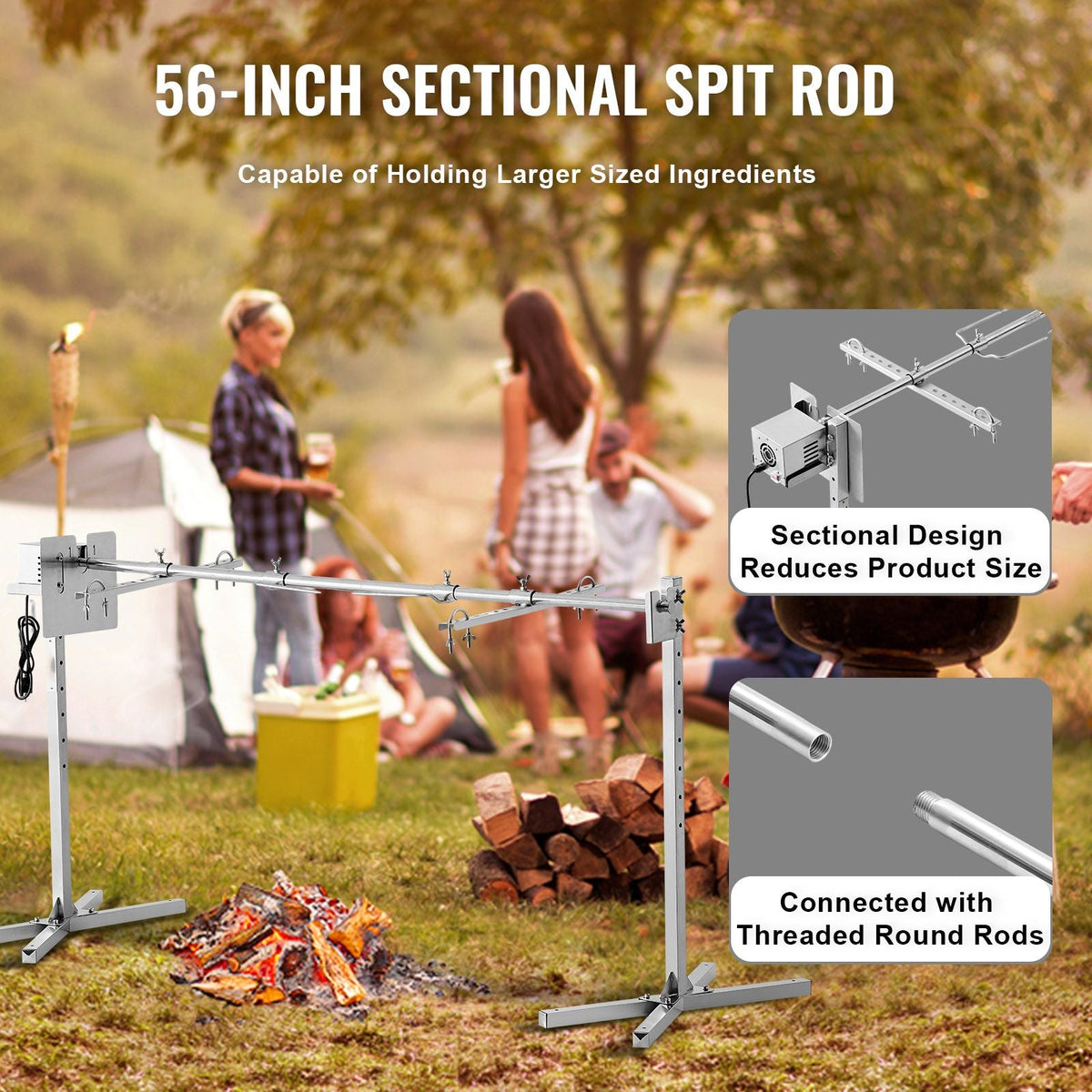 Electric BBQ Rotisserie Grill Kit, 56 Inch 132 lbs Capacity, Automatic 52W Motor Height Adjustable Universal Roaster Stand, Stainless Steel Grilling Kit, Spit Rod with Heat Shield for Pig Lamb