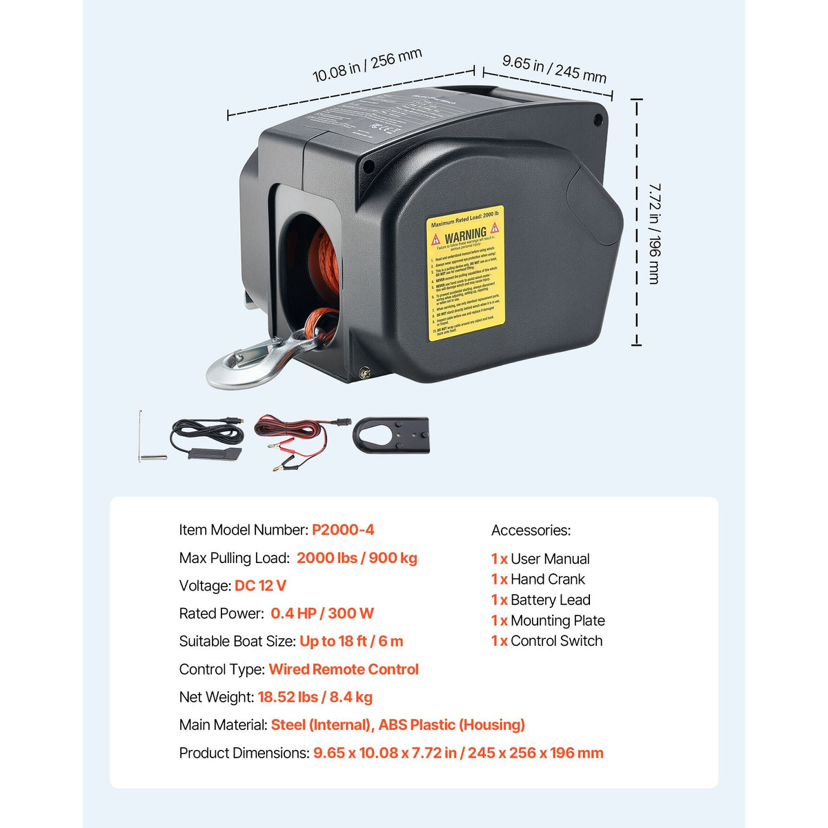 Electric Boat Winch, 12V DC 300W, Reversible Electric Trailer Winch for Boats Up to 2000 lbs, Power-in, Power-Out, and Freewheel Operations for Boats with Wired Remote Control & Hand Crank
