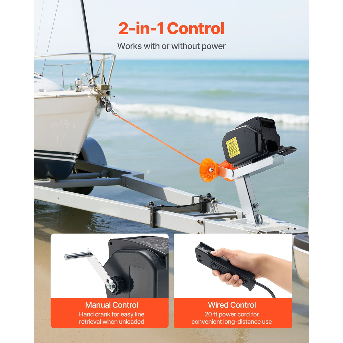 Electric Boat Winch, 12V DC 300W, Reversible Electric Trailer Winch for Boats Up to 2000 lbs, Power-in, Power-Out, and Freewheel Operations for Boats with Wired Remote Control & Hand Crank
