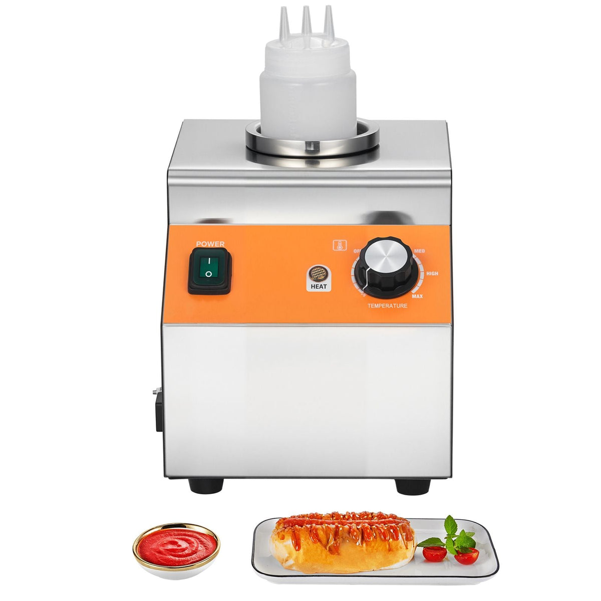 Electric Bottle Warmer with Bottle, 0.8L Commercial Cheese Dispenser, Hot Fudge Warmer 86-185 F Temp Adjustable, Plastic Bottle Nacho Cheese Sauce Warmer for Hot Fudge Cheese Caramel, Square