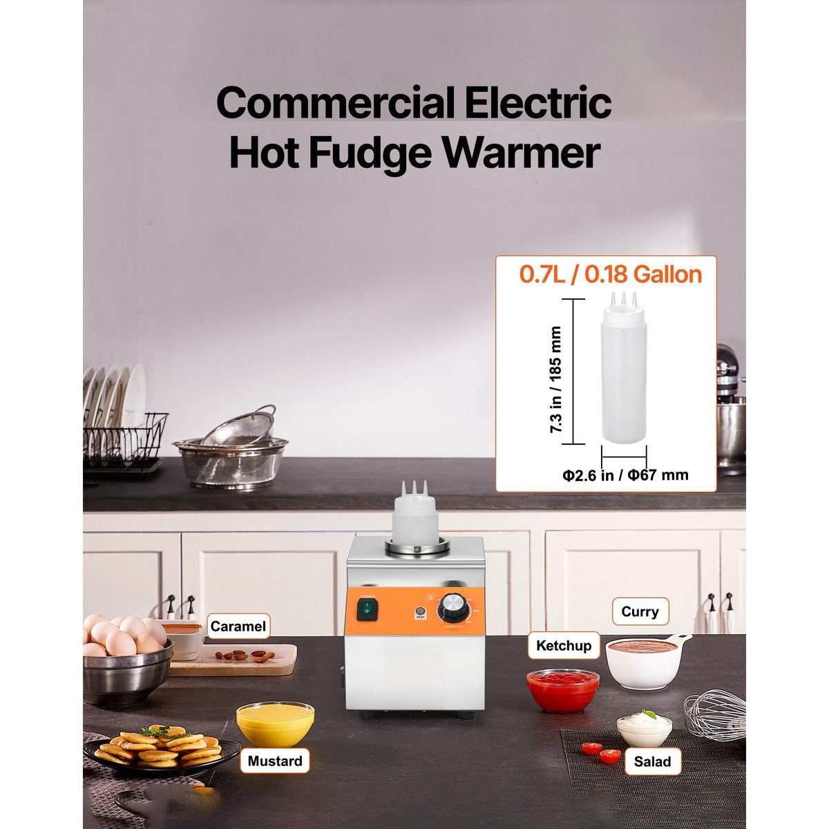 Electric Bottle Warmer with Bottle, 0.8L Commercial Cheese Dispenser, Hot Fudge Warmer 86-185 F Temp Adjustable, Plastic Bottle Nacho Cheese Sauce Warmer for Hot Fudge Cheese Caramel, Square