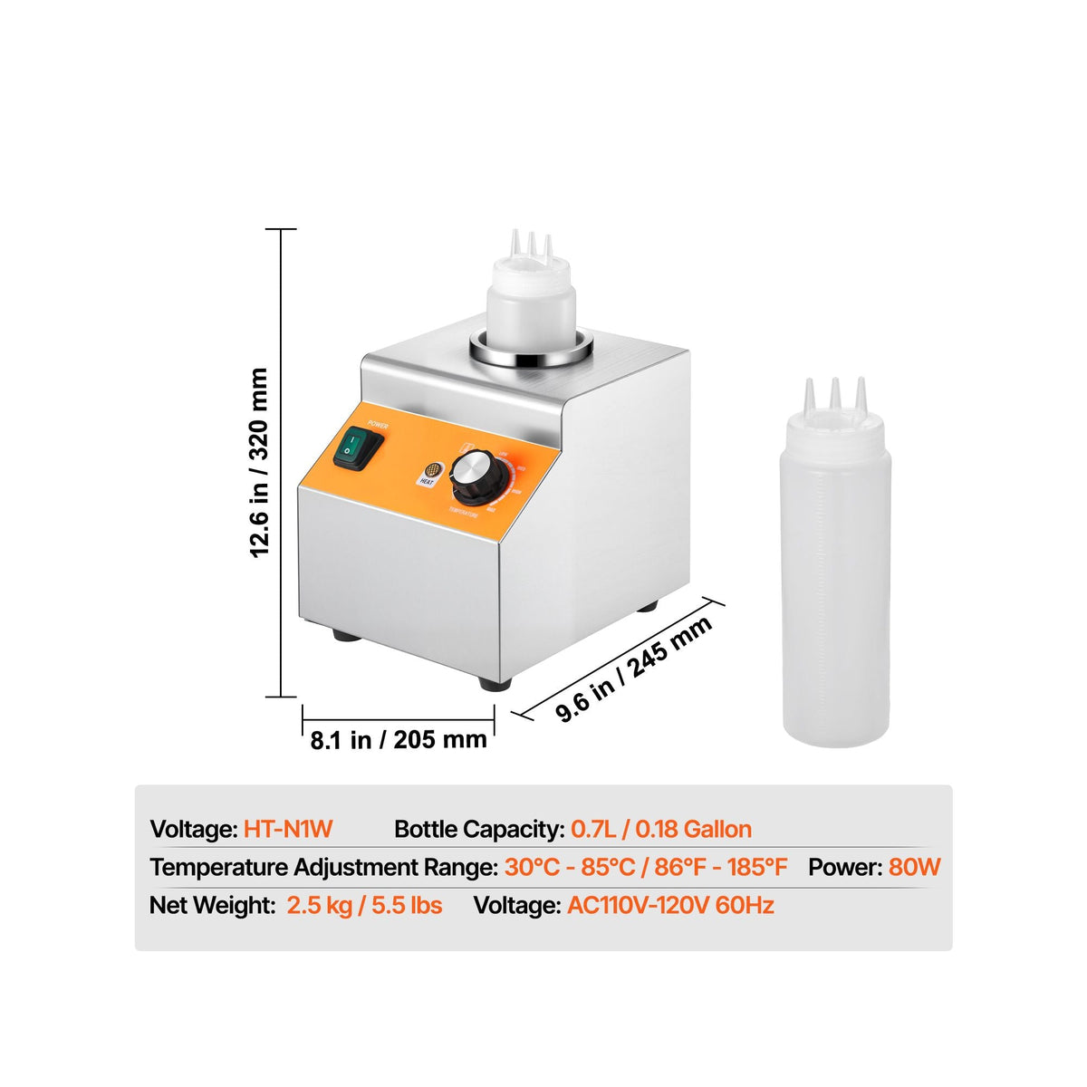 Electric Bottle Warmer with Bottle, 0.8L Commercial Cheese Dispenser, Hot Fudge Warmer 86-185 F Temp Adjustable, Plastic Bottle Nacho Cheese Sauce Warmer for Hot Fudge Cheese Caramel, Square