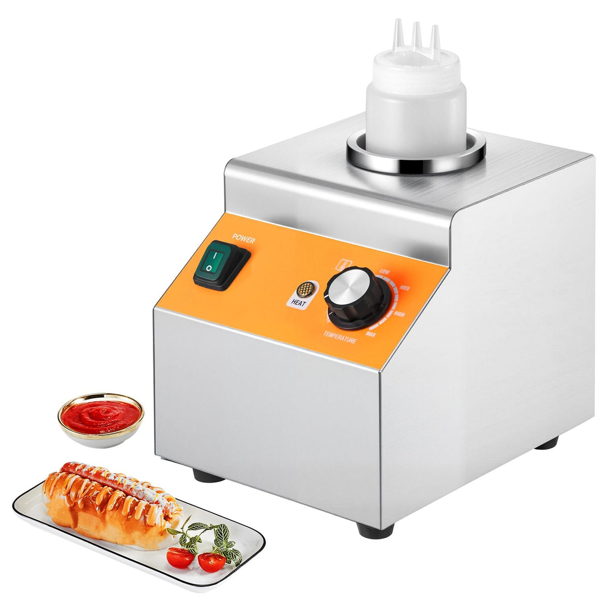 Electric Bottle Warmer with Bottle, 0.8L Commercial Cheese Dispenser, Hot Fudge Warmer 86-185 F Temp Adjustable, Plastic Bottle Nacho Cheese Sauce Warmer for Hot Fudge Cheese Caramel, Square