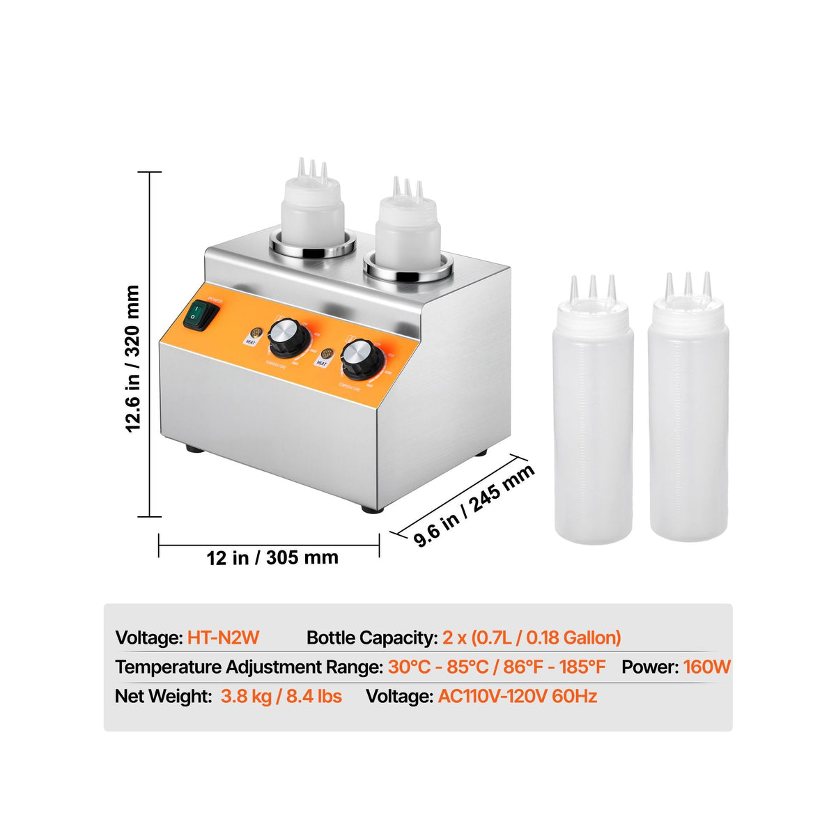 Electric Bottle Warmer with Bottles, 0.8x2 LCommercial Cheese Dispenser, Hot Fudge Warmer 86-185 F Temp Adjustable, Plastic Double Bottles Nacho Cheese Warmer, for Hot Fudge Cheese Caramel