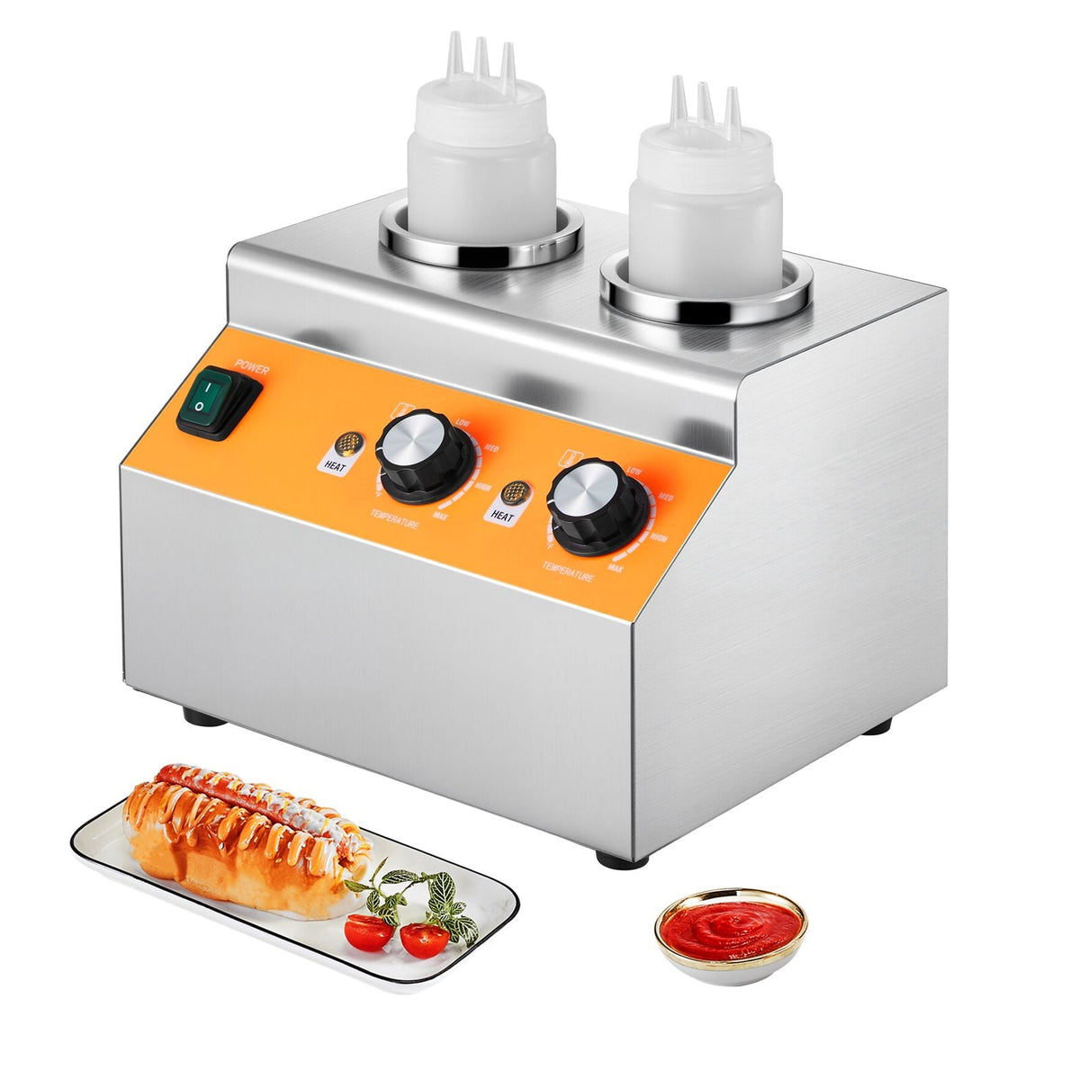 Electric Bottle Warmer with Bottles, 0.8x2 LCommercial Cheese Dispenser, Hot Fudge Warmer 86-185 F Temp Adjustable, Plastic Double Bottles Nacho Cheese Warmer, for Hot Fudge Cheese Caramel