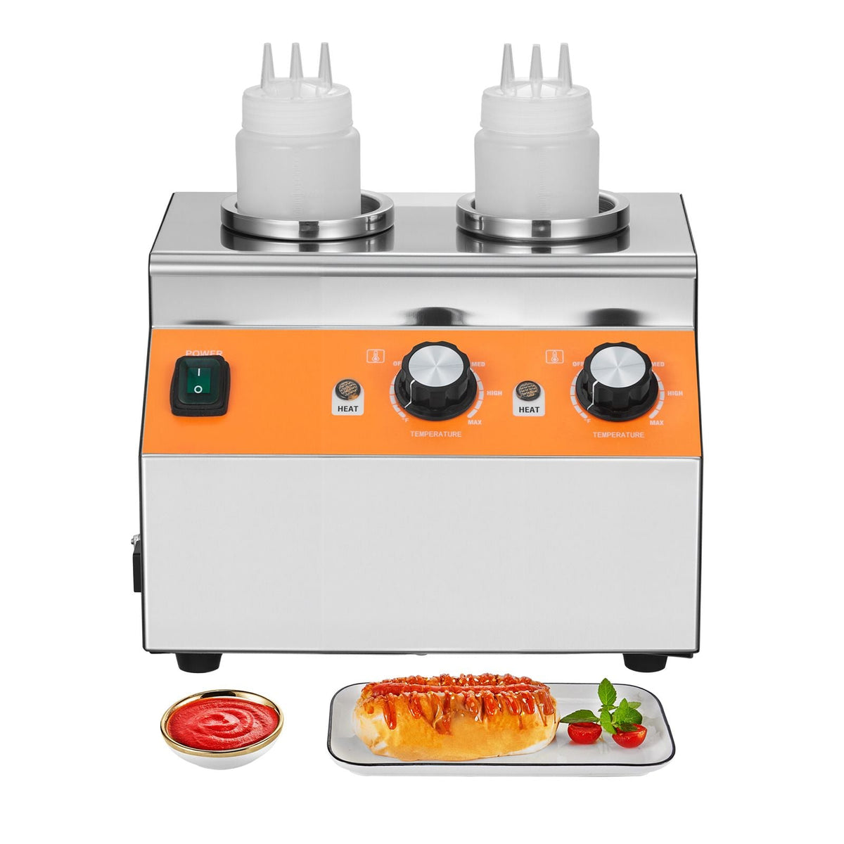 Electric Bottle Warmer with Bottles, 0.8x2 LCommercial Cheese Dispenser, Hot Fudge Warmer 86-185 F Temp Adjustable, Plastic Double Bottles Nacho Cheese Warmer, for Hot Fudge Cheese Caramel