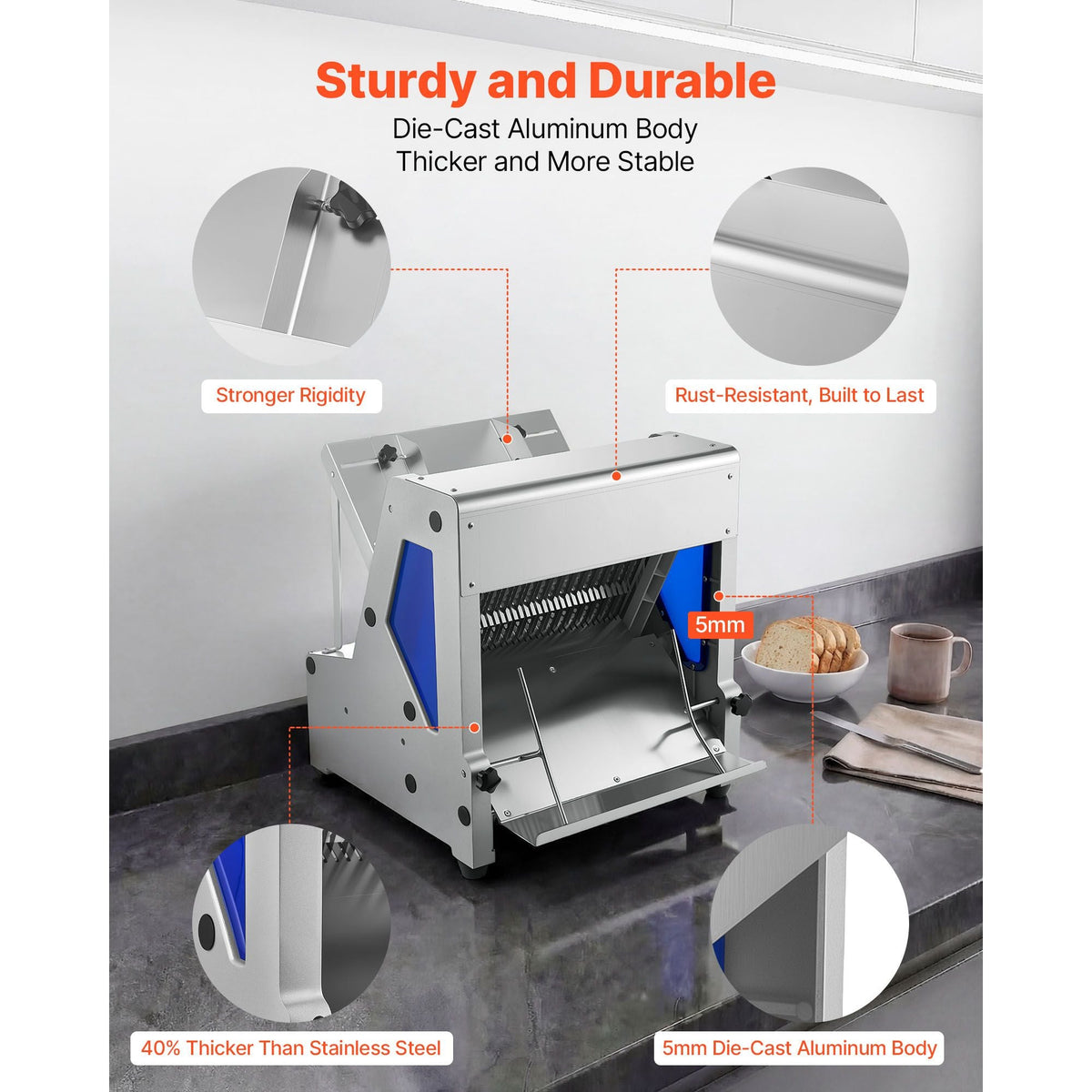 Electric Bread Slicer, 370W Bread Slicing Machine, Die-Cast Aluminum Countertop Bread Cutter Machine for 12mm Slice Thickness, Commercial & Home Use for Bakeries Restaurants, 120V