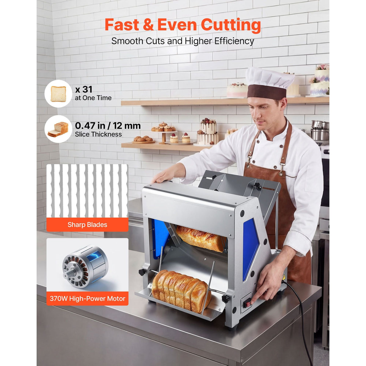 Electric Bread Slicer, 370W Bread Slicing Machine, Die-Cast Aluminum Countertop Bread Cutter Machine for 12mm Slice Thickness, Commercial & Home Use for Bakeries Restaurants, 120V