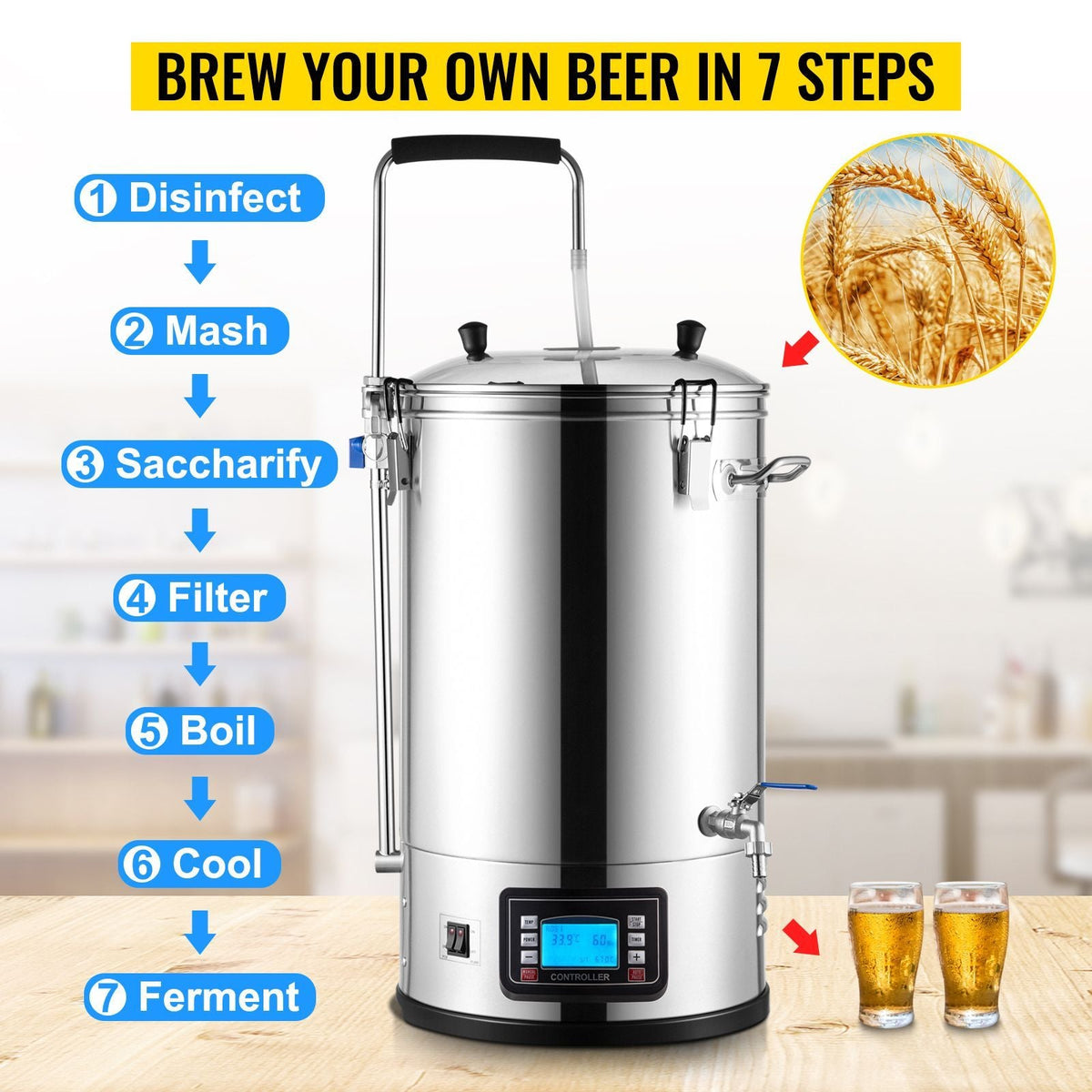 Electric Brewing System, 9.2 Gal/35 L Brewing Pot, All-in-One Home Beer Brewer with Pump, Mash Boil Device with Panel, Auto/Manual Mode 100-1800W Power 25-100 Celsius Temp 1-180 min Timer