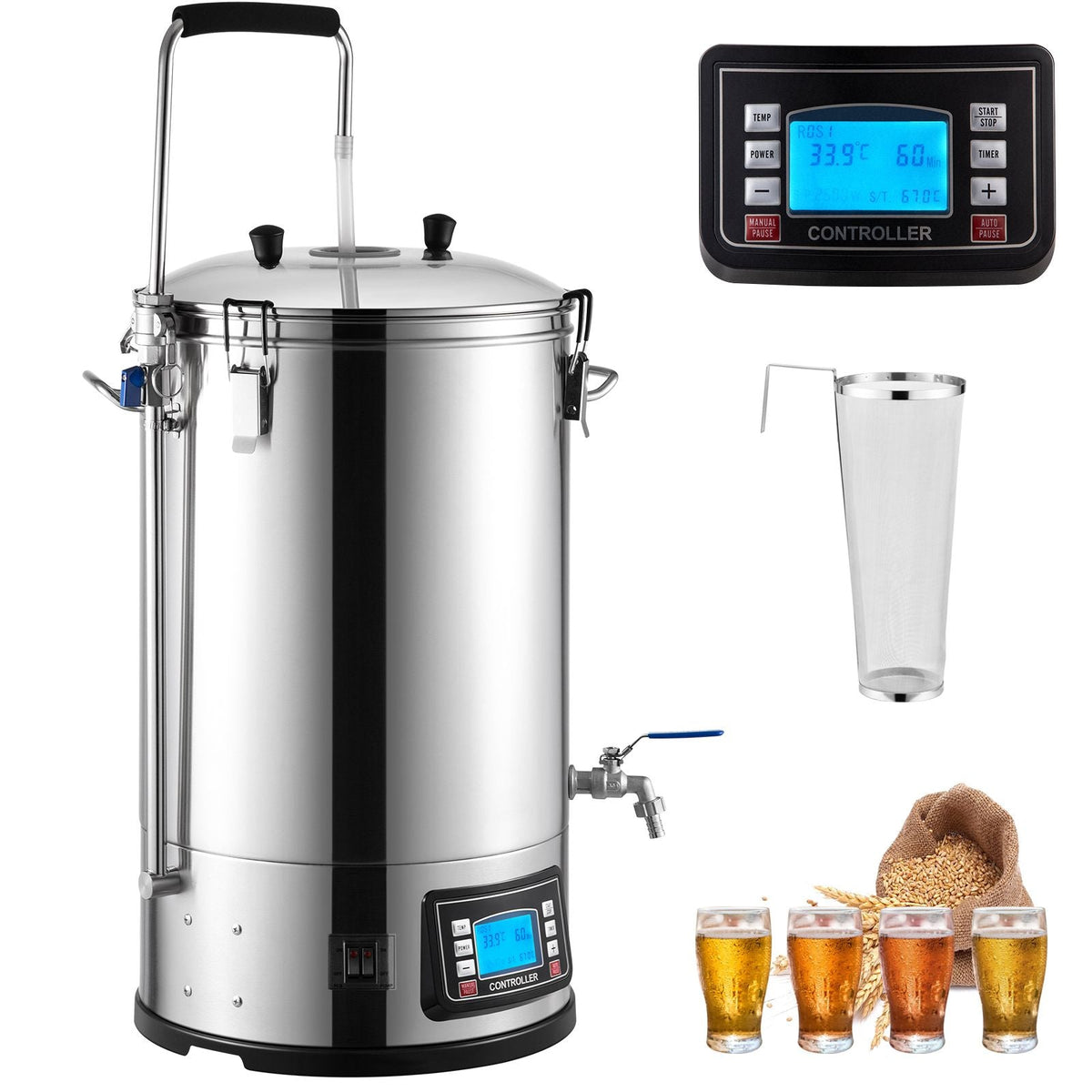 Electric Brewing System, 9.2 Gal/35 L Brewing Pot, All-in-One Home Beer Brewer with Pump, Mash Boil Device with Panel, Auto/Manual Mode 100-1800W Power 25-100 Celsius Temp 1-180 min Timer
