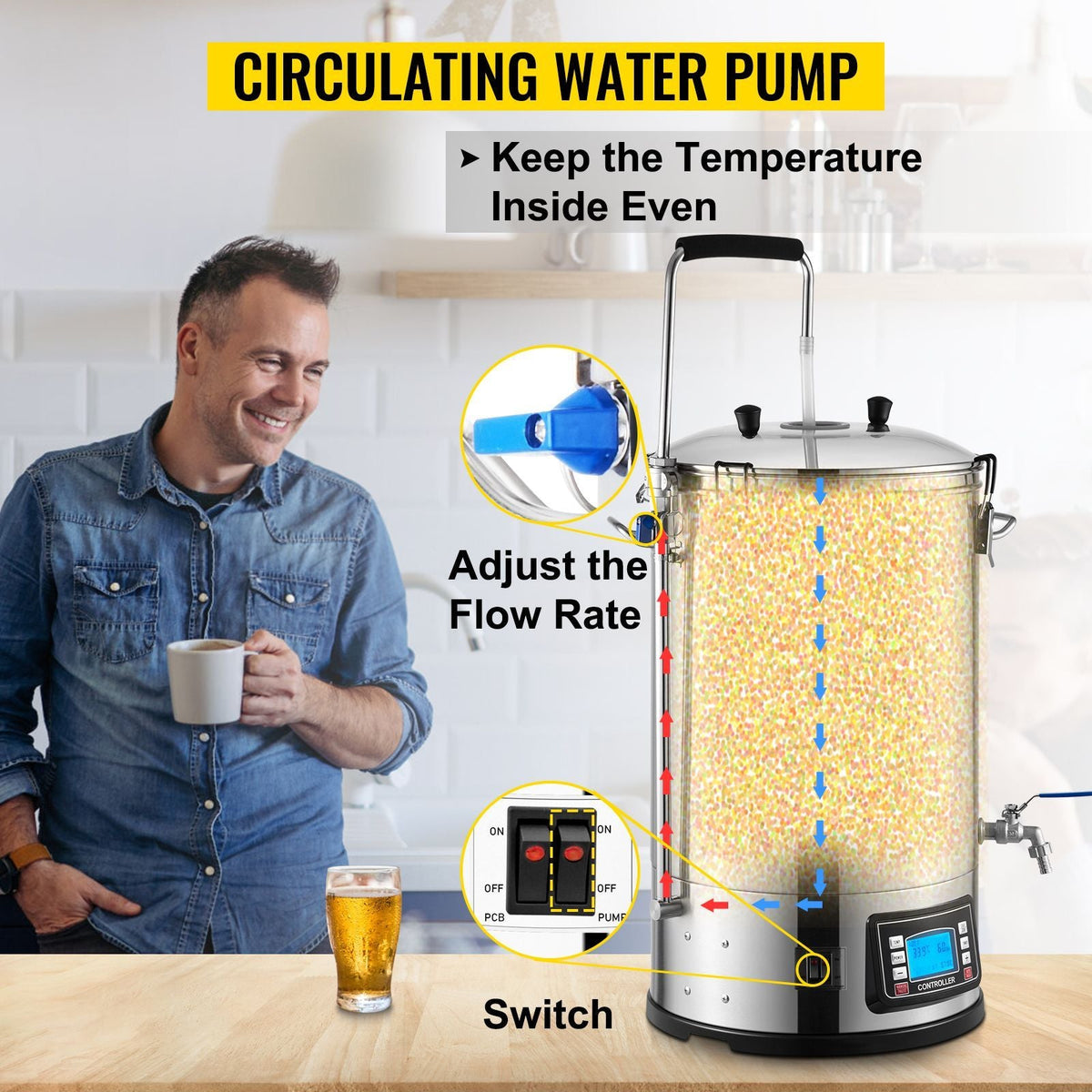 Electric Brewing System, 9.2 Gal/35 L Brewing Pot, All-in-One Home Beer Brewer with Pump, Mash Boil Device with Panel, Auto/Manual Mode 100-1800W Power 25-100 Celsius Temp 1-180 min Timer