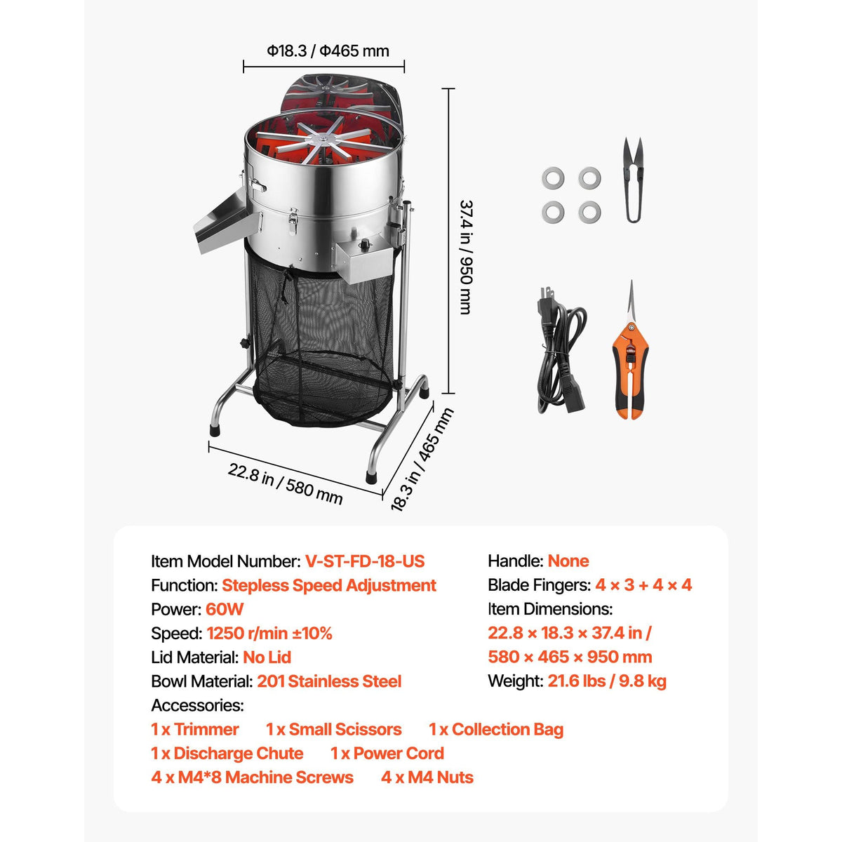 Electric Bud Leaf Trimmer, 18 in Tiltable Bud Trimmer with Sharp Stainless Steel Blades, Adjustable Speed, Hydroponic Cutting Machine with Collection Bag Hand Pruner & Scissors, for Leaves Buds