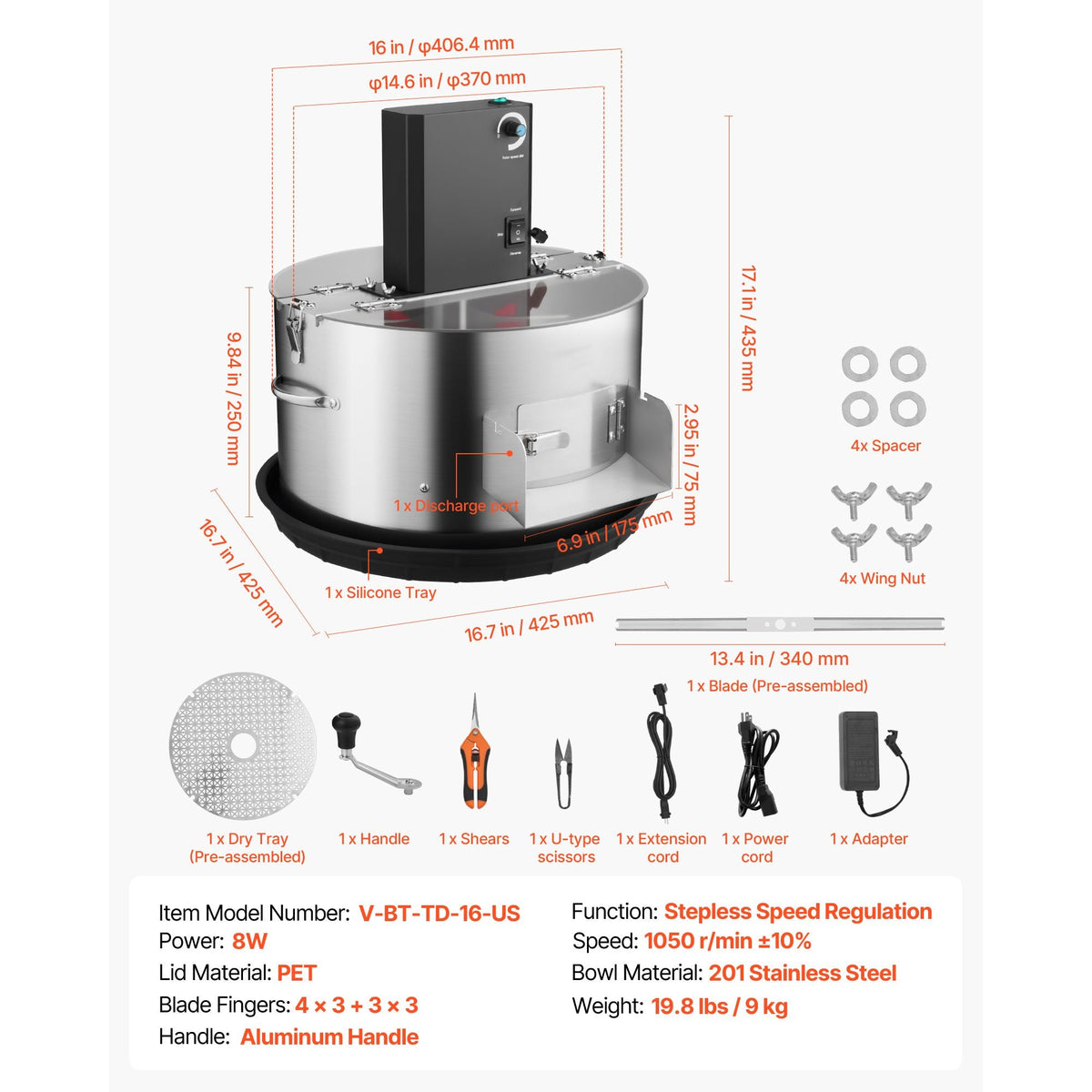 Electric Bud Leaf Trimmer, 2-in-1 Manual & Electric, 16 in Bud Trimmer with Stainless Steel Blades, Visual Cutting, Wet & Dry Hydroponic Cutting Machine with Tray, for Plant Buds Flowers