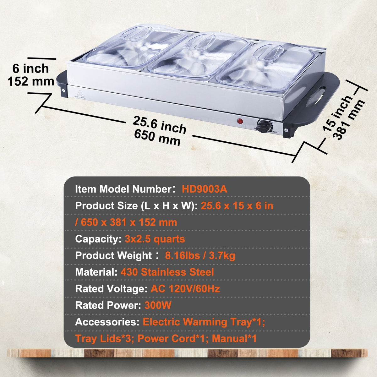 Electric Buffet Server & Food Warmer, 25.6" x 15" Portable Stainless Steel Chafing Dish Set with Temp Control & Oven-Safe Pan, Perfect for Catering, Parties, Events, Entertaining, Silver, ETL