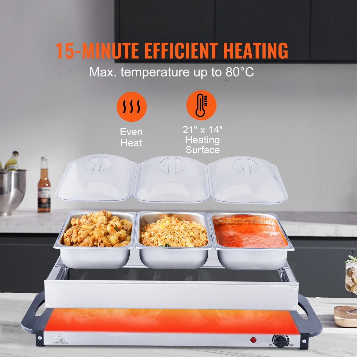 Electric Buffet Server & Food Warmer, 25.6" x 15" Portable Stainless Steel Chafing Dish Set with Temp Control & Oven-Safe Pan, Perfect for Catering, Parties, Events, Entertaining, Silver, ETL