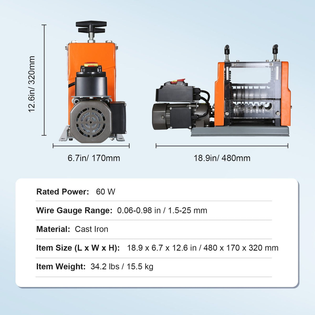 Electric Cable Stripping Tool, 0.06''-0.98'' Motorized Wire Stripper, 60W, Features Clear Depth Gauge, Includes 6 Circular & 1 Flat Channels for Efficient Copper Wire Recycling