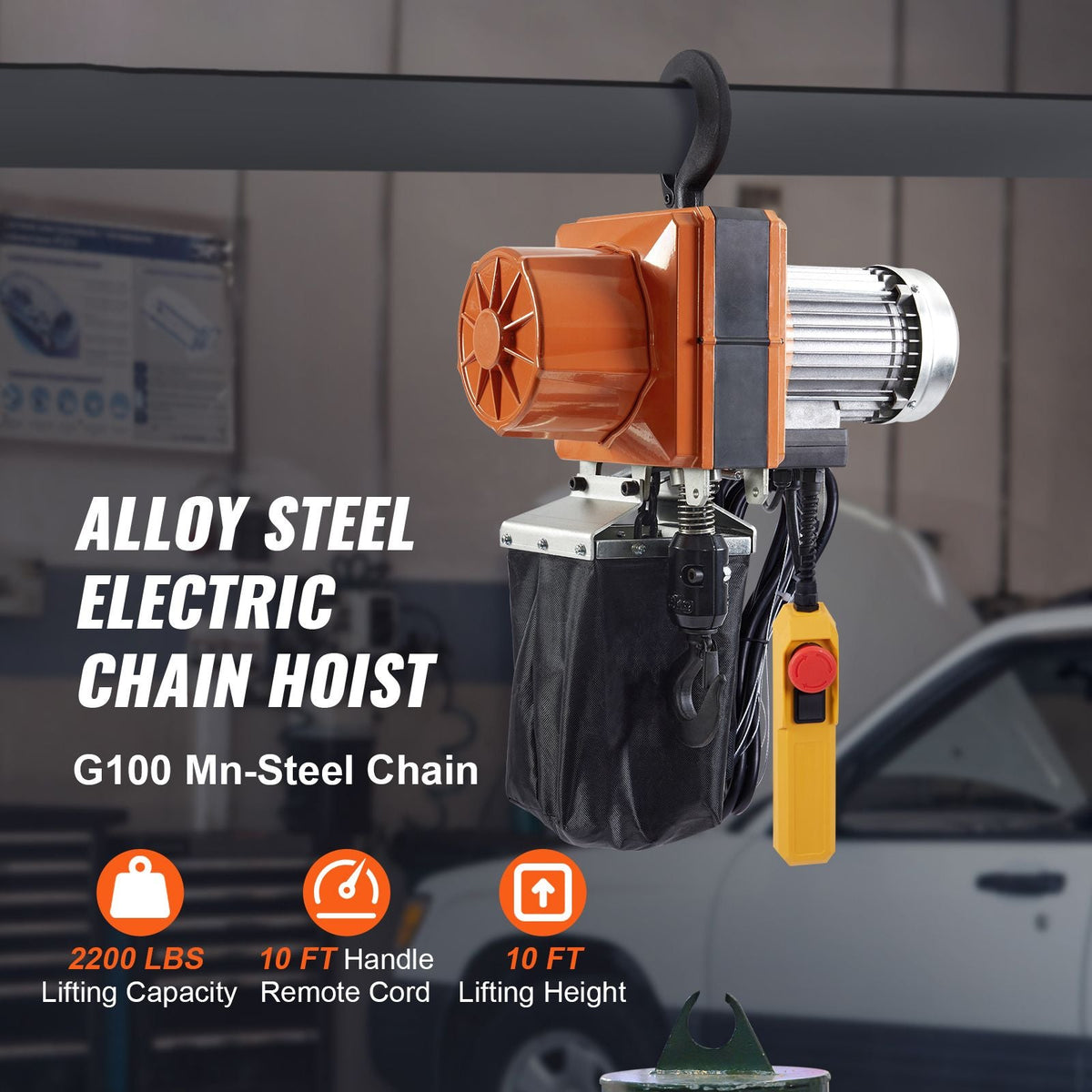 Electric Chain Hoist, 2200 lbs/1 ton Capacity, 10 ft Lifting Height, 10 ft/min Speed, 120V, Single Phase Overhead Crane with G100 Chain, 10 ft Wired Remote Control for Garage, Shop, Hotel, Home