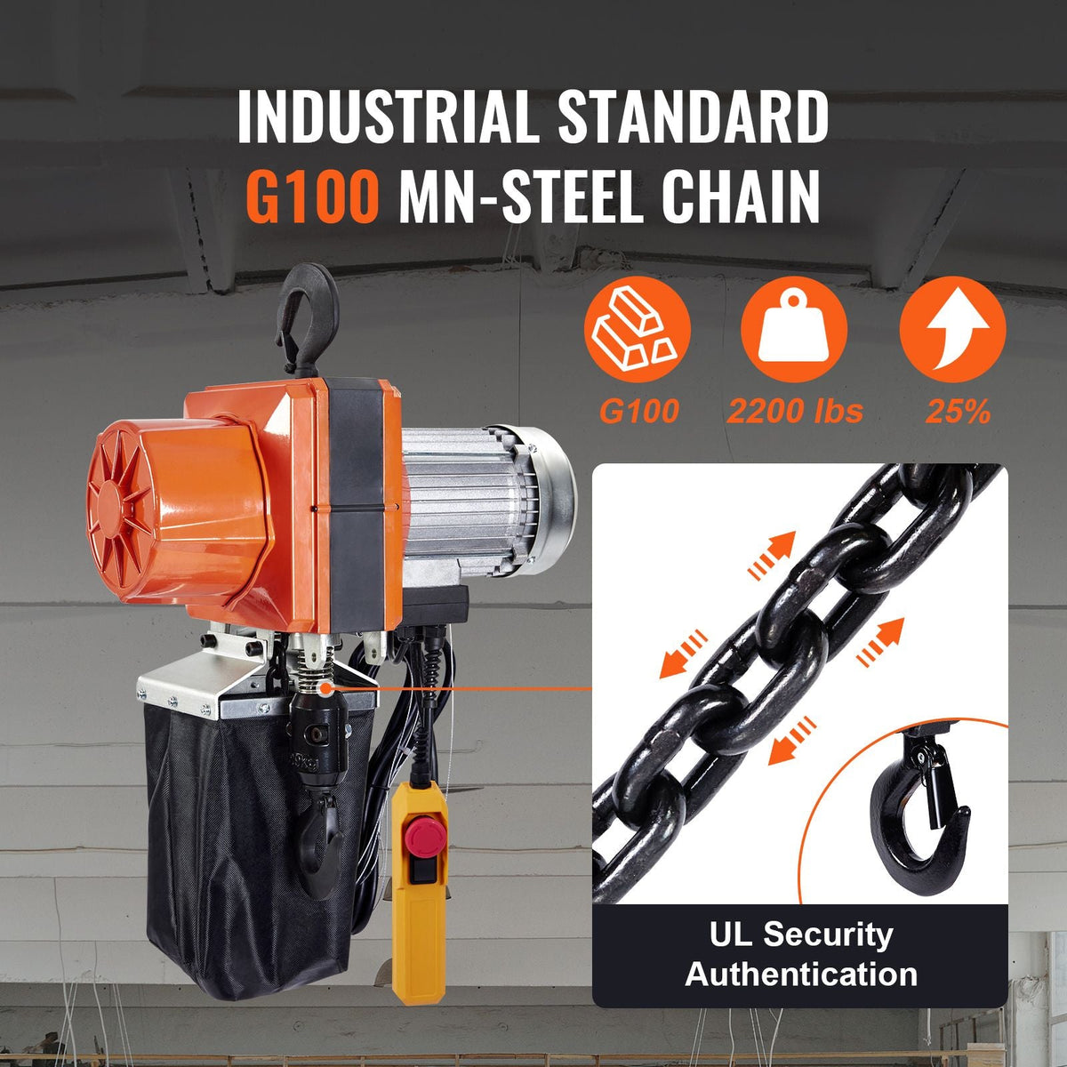 Electric Chain Hoist, 2200 lbs/1 ton Capacity, 10 ft Lifting Height, 10 ft/min Speed, 120V, Single Phase Overhead Crane with G100 Chain, 10 ft Wired Remote Control for Garage, Shop, Hotel, Home