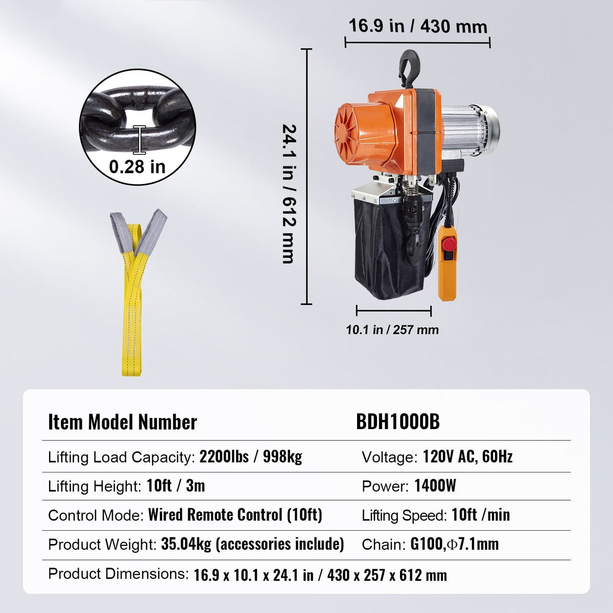 Electric Chain Hoist, 2200 lbs/1 ton Capacity, 10 ft Lifting Height, 10 ft/min Speed, 120V, Single Phase Overhead Crane with G100 Chain, 10 ft Wired Remote Control for Garage, Shop, Hotel, Home