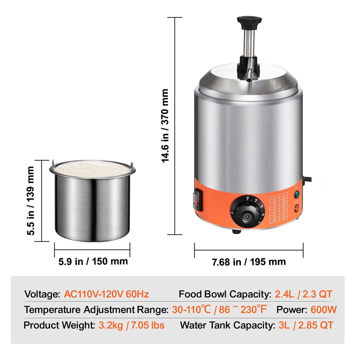 Electric Cheese Dispenser with Pump, 2.3 Qt Commercial Hot Fudge Warmer, Stainless Steel Pump Dispenser, 86-230Fahrenheit Temp Adjustable Nacho Cheese Sauce Warmer, for Hot Fudge Cheese Caramel
