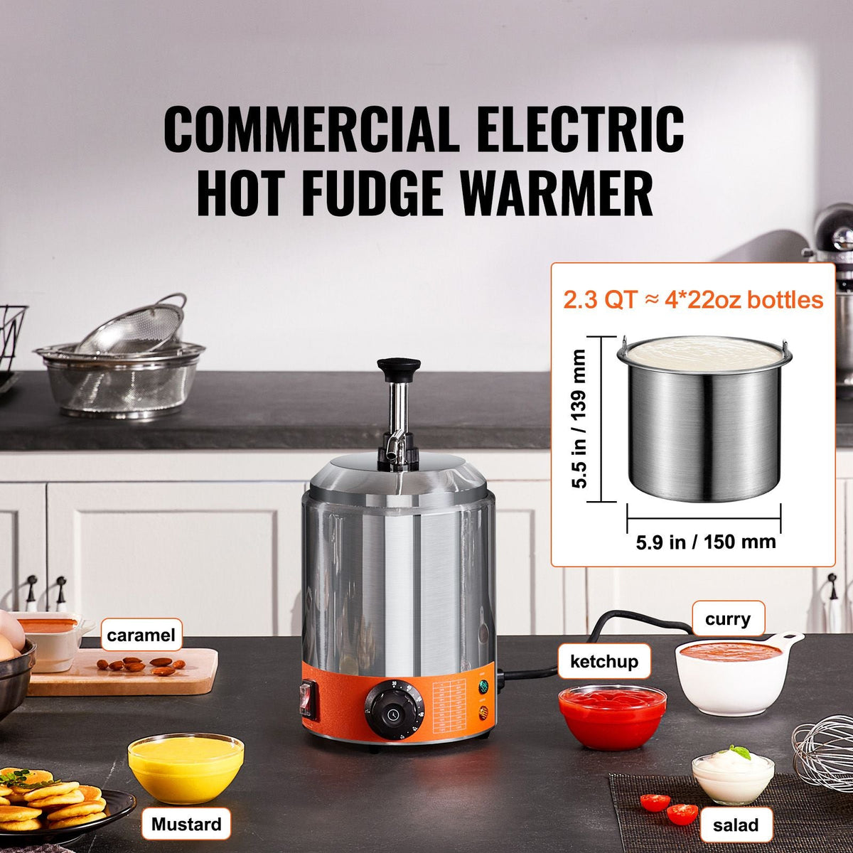 Electric Cheese Dispenser with Pump, 2.3 Qt Commercial Hot Fudge Warmer, Stainless Steel Pump Dispenser, 86-230Fahrenheit Temp Adjustable Nacho Cheese Sauce Warmer, for Hot Fudge Cheese Caramel