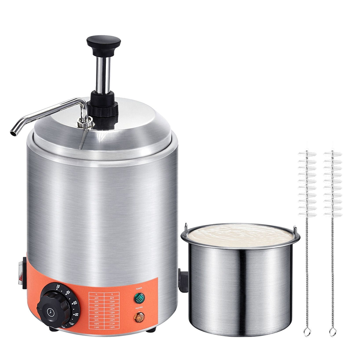 Electric Cheese Dispenser with Pump, 2.3 Qt Commercial Hot Fudge Warmer, Stainless Steel Pump Dispenser, 86-230Fahrenheit Temp Adjustable Nacho Cheese Sauce Warmer, for Hot Fudge Cheese Caramel