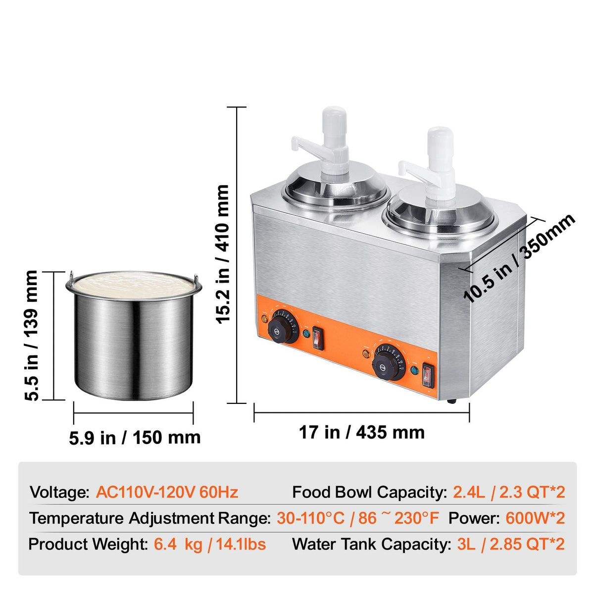 Electric Cheese Dispenser with Pumps, 2.3x2 Qt Commercial Hot Fudge Warmer, Plastic Double Pumps Dispenser, 86-230 F Temp Adjustable Nacho Cheese Sauce Warmer, for Hot Fudge Cheese Caramel