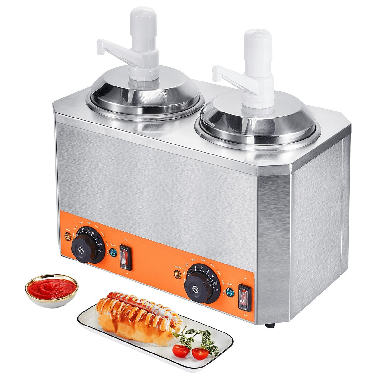 Electric Cheese Dispenser with Pumps, 2.3x2 Qt Commercial Hot Fudge Warmer, Plastic Double Pumps Dispenser, 86-230 F Temp Adjustable Nacho Cheese Sauce Warmer, for Hot Fudge Cheese Caramel
