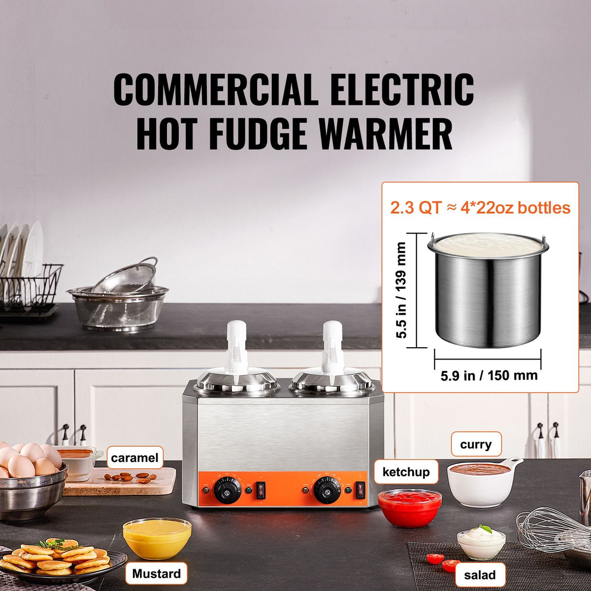 Electric Cheese Dispenser with Pumps, 2.3x2 Qt Commercial Hot Fudge Warmer, Plastic Double Pumps Dispenser, 86-230 F Temp Adjustable Nacho Cheese Sauce Warmer, for Hot Fudge Cheese Caramel