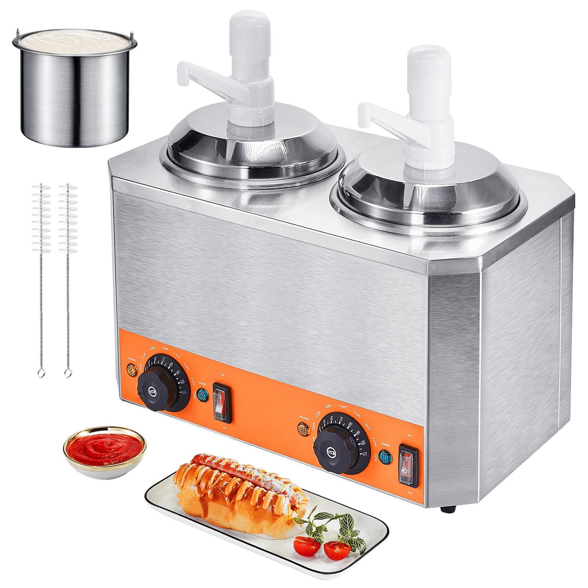 Electric Cheese Dispenser with Pumps, 2.3x2 Qt Commercial Hot Fudge Warmer, Plastic Double Pumps Dispenser, 86-230 F Temp Adjustable Nacho Cheese Sauce Warmer, for Hot Fudge Cheese Caramel