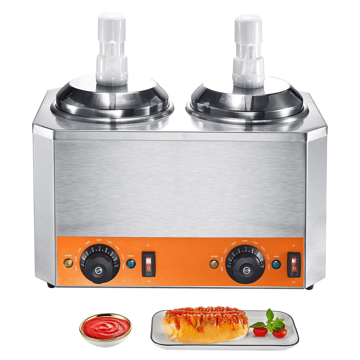 Electric Cheese Dispenser with Pumps, 2.3x2 Qt Commercial Hot Fudge Warmer, Plastic Double Pumps Dispenser, 86-230 F Temp Adjustable Nacho Cheese Sauce Warmer, for Hot Fudge Cheese Caramel
