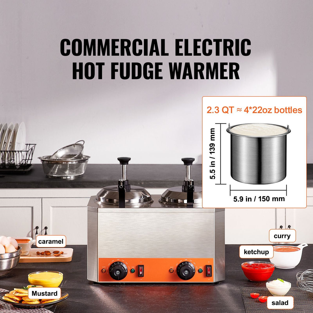 Electric Cheese Dispenser with Pumps, 2.3x2 Qt Commercial Hot Fudge Warmer, Stainless Steel Heated Double Pumps Dispenser, 86-230 F Temp Adjustable Nacho Cheese Warmer for Fudge Cheese Caramel