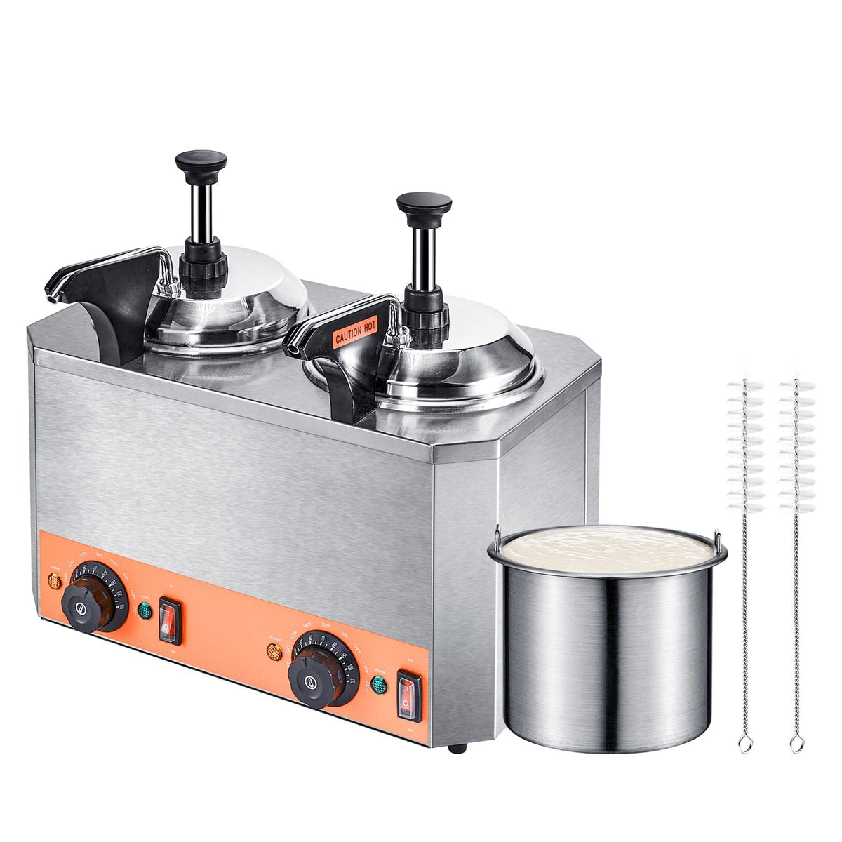 Electric Cheese Dispenser with Pumps, 2.3x2 Qt Commercial Hot Fudge Warmer, Stainless Steel Heated Double Pumps Dispenser, 86-230 F Temp Adjustable Nacho Cheese Warmer for Fudge Cheese Caramel