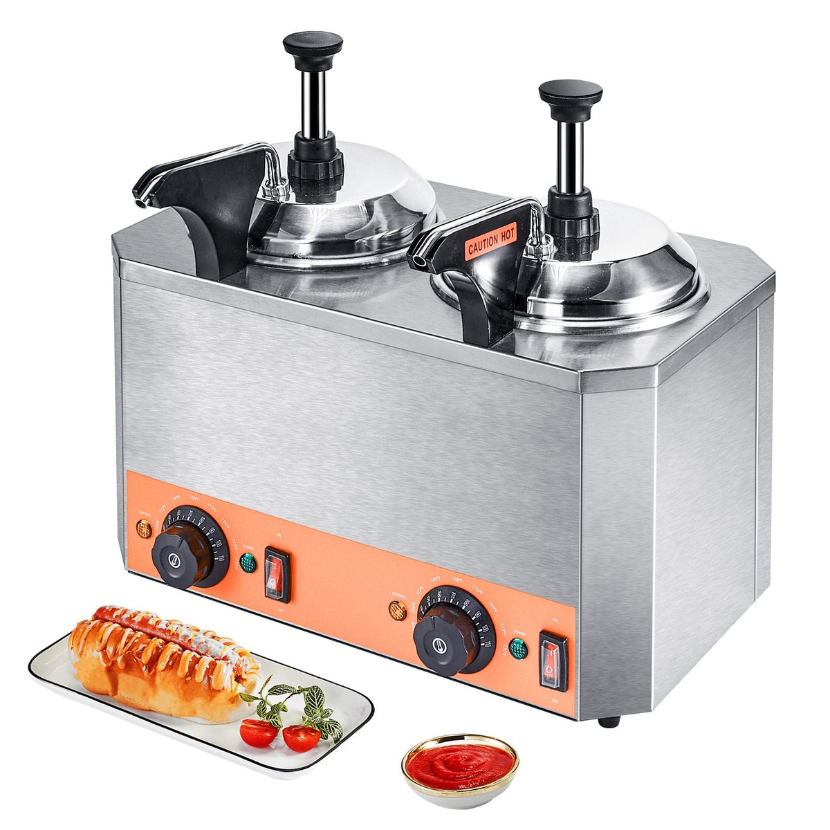 Electric Cheese Dispenser with Pumps, 2.3x2 Qt Commercial Hot Fudge Warmer, Stainless Steel Heated Double Pumps Dispenser, 86-230 F Temp Adjustable Nacho Cheese Warmer for Fudge Cheese Caramel