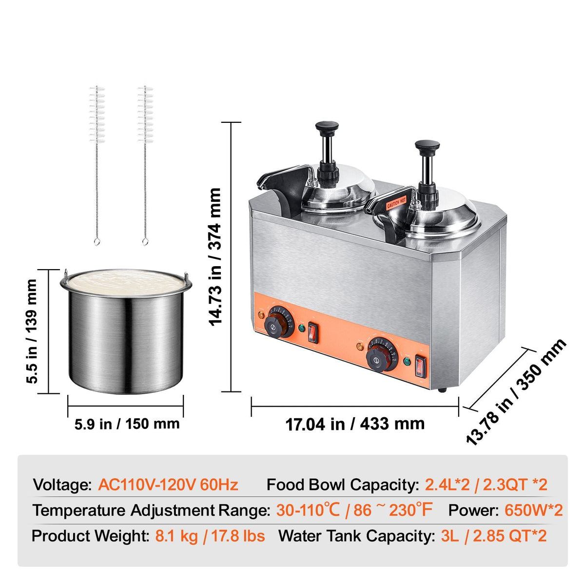 Electric Cheese Dispenser with Pumps, 2.3x2 Qt Commercial Hot Fudge Warmer, Stainless Steel Heated Double Pumps Dispenser, 86-230 F Temp Adjustable Nacho Cheese Warmer for Fudge Cheese Caramel
