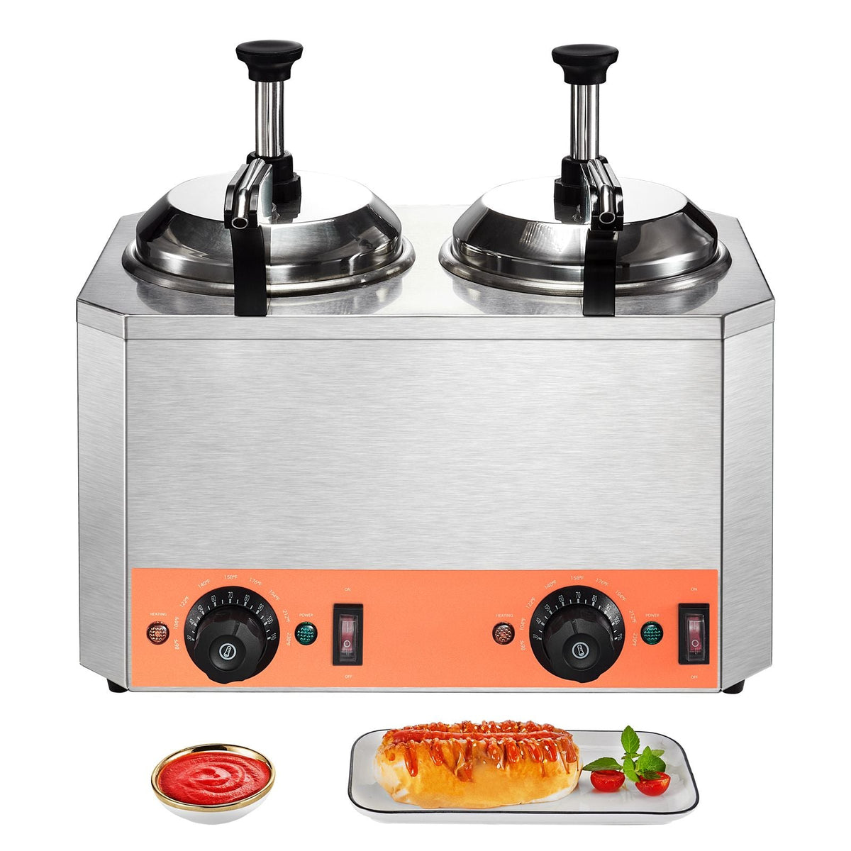 Electric Cheese Dispenser with Pumps, 2.3x2 Qt Commercial Hot Fudge Warmer, Stainless Steel Heated Double Pumps Dispenser, 86-230 F Temp Adjustable Nacho Cheese Warmer for Fudge Cheese Caramel