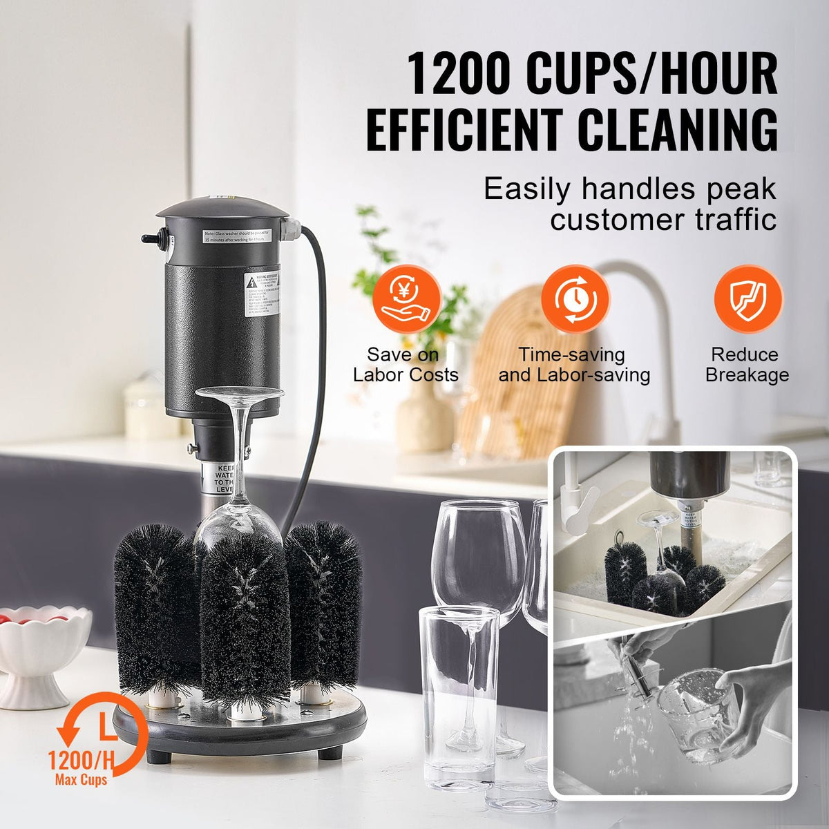 Electric Commercial Glass Washer, 5-Brush Bar Glass Cleaner, 1200 Cups/Hour Wine Glass Cleaning Machine, Bar Glass Washer for Champagne Glasses, Beer Cups, Mugs, Perfect for Bars and Cafes