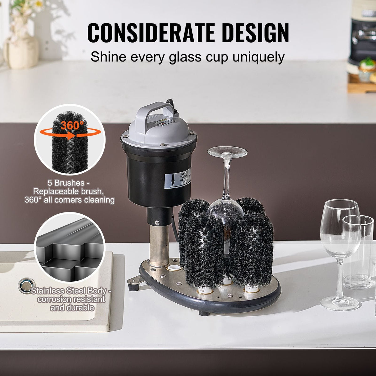 Electric Commercial Glass Washer, 5-Brush Bar Glass Cleaner, 1200 Cups/Hour Wine Glass Cleaning Machine, Bar Glass Washer for Champagne Glasses, Beer Cups, Mugs, Perfect for Bars and Cafes