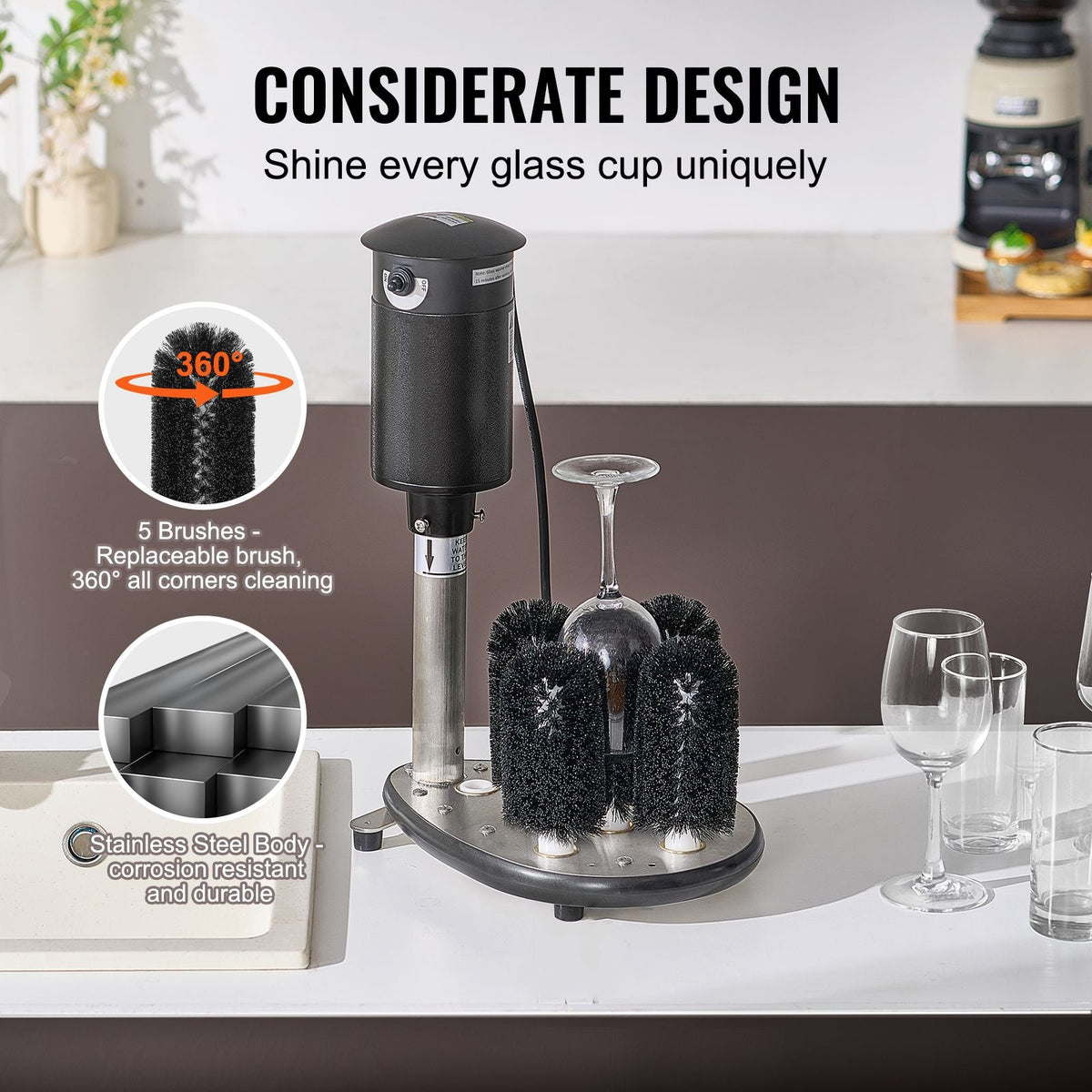 Electric Commercial Glass Washer, 5-Brush Bar Glass Cleaner, 1200 Cups/Hour Wine Glass Cleaning Machine, Bar Glass Washer for Champagne Glasses, Beer Cups, Mugs, Perfect for Bars and Cafes