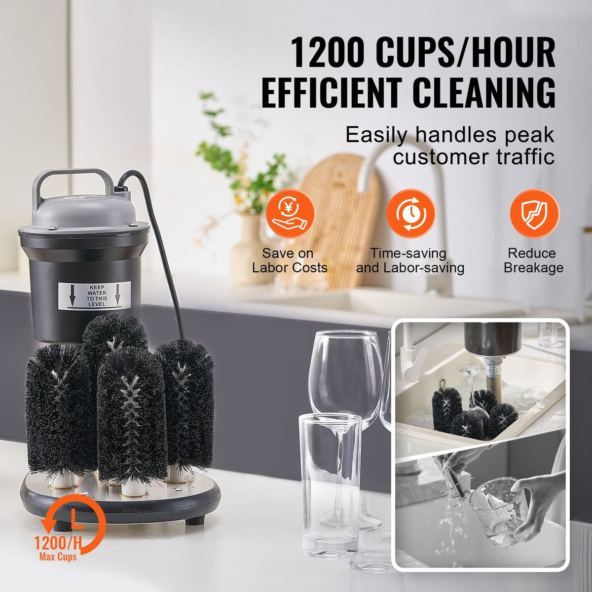 Electric Commercial Glass Washer, 5-Brush Bar Glass Cleaner, 1200 Cups/Hour Wine Glass Cleaning Machine, Bar Glass Washer for Champagne Glasses, Beer Cups, Mugs, Perfect for Bars and Cafes