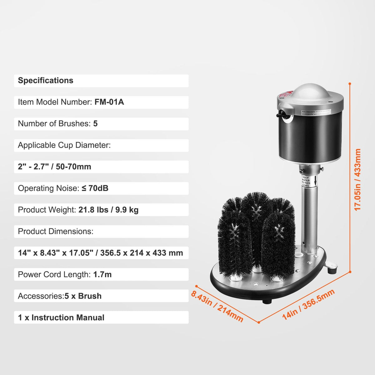 Electric Commercial Glass Washer, 5-Brush Bar Glass Cleaner, 600 Cups/Hour Wine Glass Cleaning Machine, Bar Glass Washer for Champagne Glasses, Beer Cups, Mugs, Perfect for Bars and Cafes