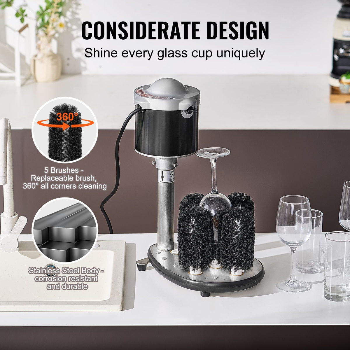 Electric Commercial Glass Washer, 5-Brush Bar Glass Cleaner, 600 Cups/Hour Wine Glass Cleaning Machine, Bar Glass Washer for Champagne Glasses, Beer Cups, Mugs, Perfect for Bars and Cafes