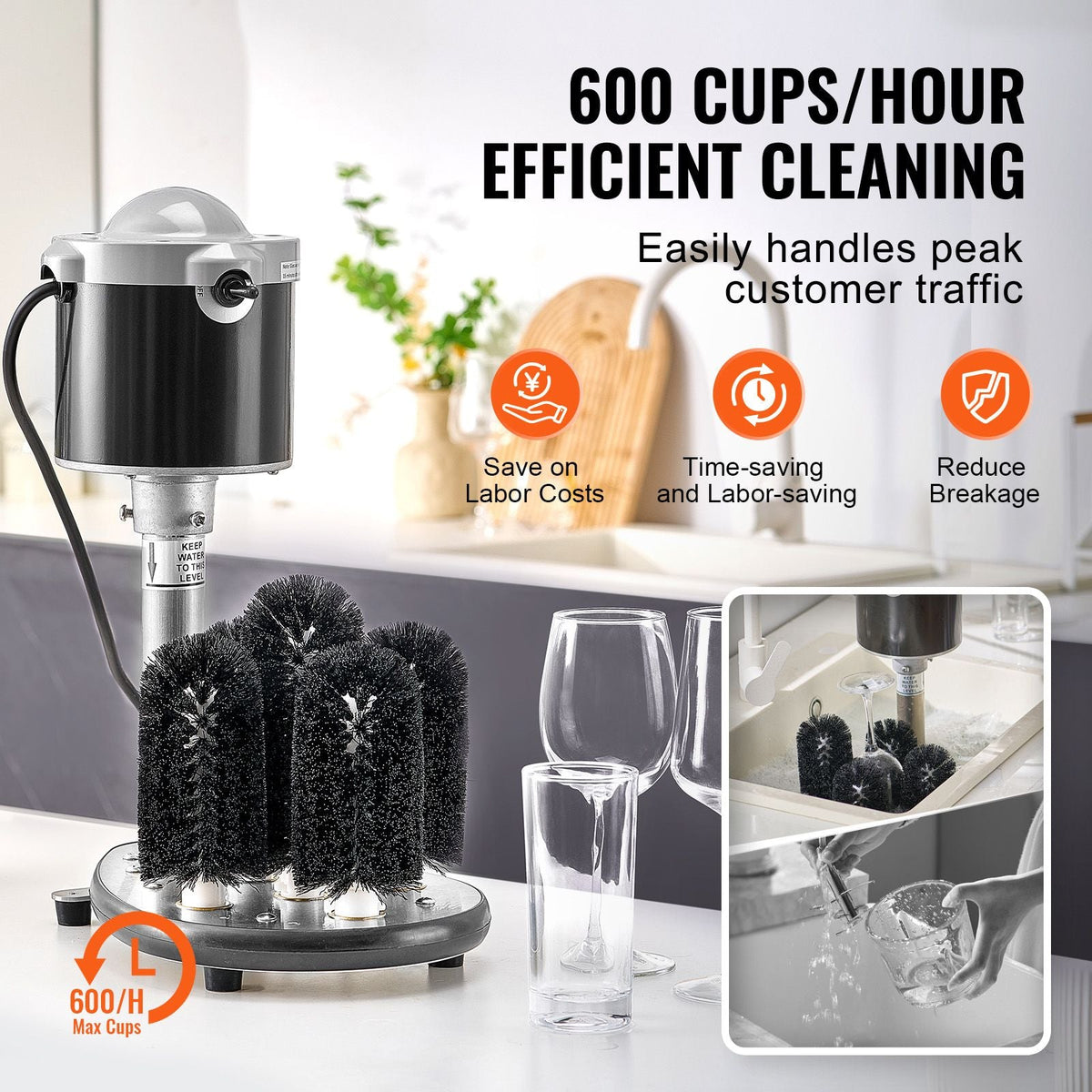Electric Commercial Glass Washer, 5-Brush Bar Glass Cleaner, 600 Cups/Hour Wine Glass Cleaning Machine, Bar Glass Washer for Champagne Glasses, Beer Cups, Mugs, Perfect for Bars and Cafes