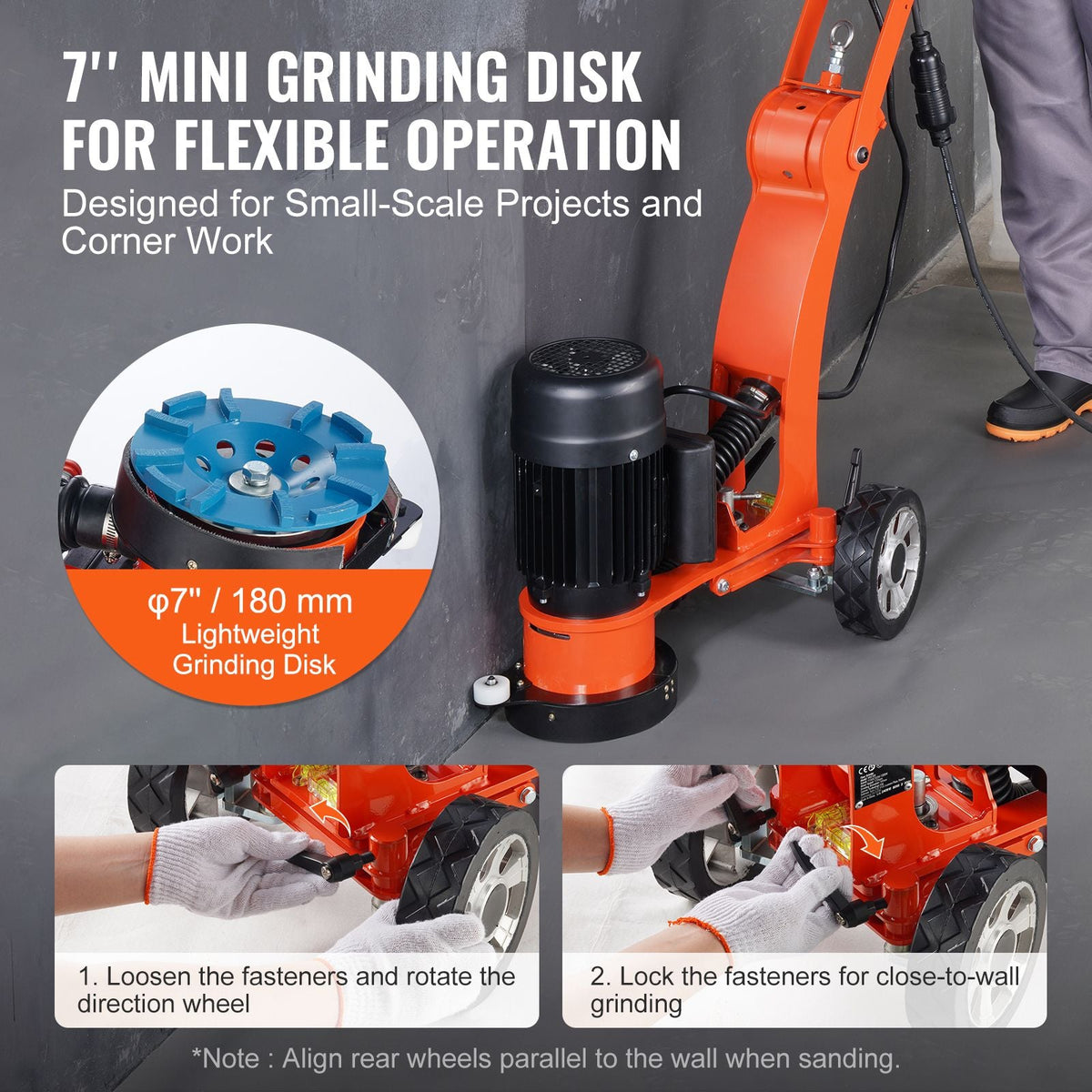 Electric Concrete Floor Grinder 7" Walk-Behind Grinder 1.7HP Concrete Floor Polisher, 1300W Grinding Machine, 1720RPM Upgrade Brushless Motor Surfacing Grinder for Granite/Marble/Stones
