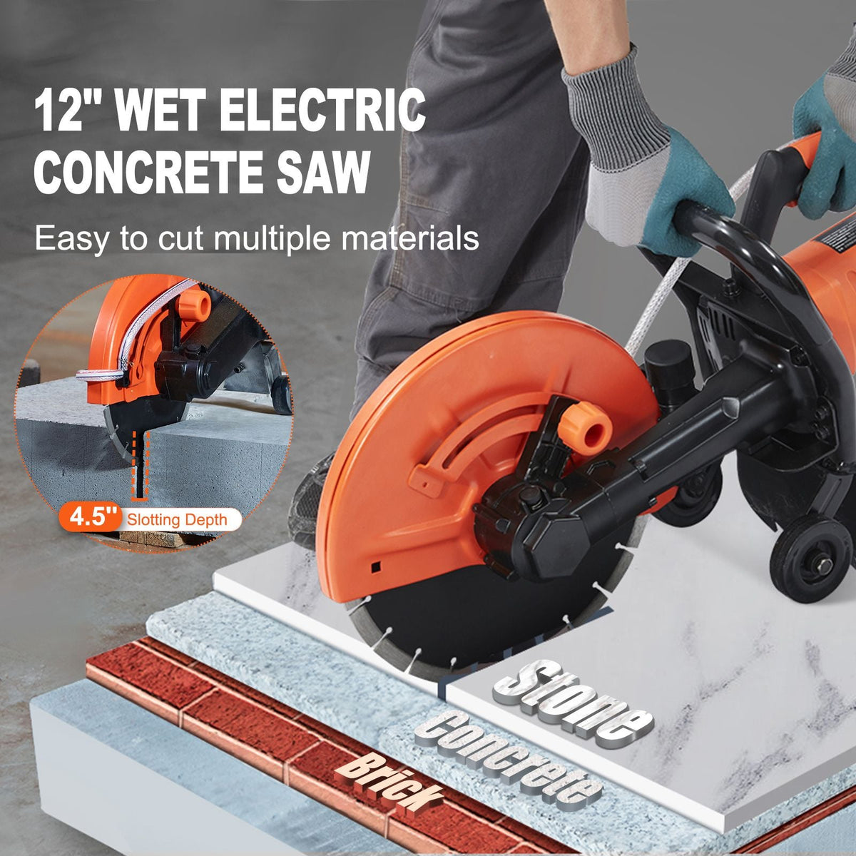 Electric Concrete Saw, 12 in, 1800 W Motor Circular Saw Cutter with Max. 4.5 in Adjustable Cutting Depth, Wet Disk Saw Cutter Includes Water Line, Pump and Blade, for Stone, Brick