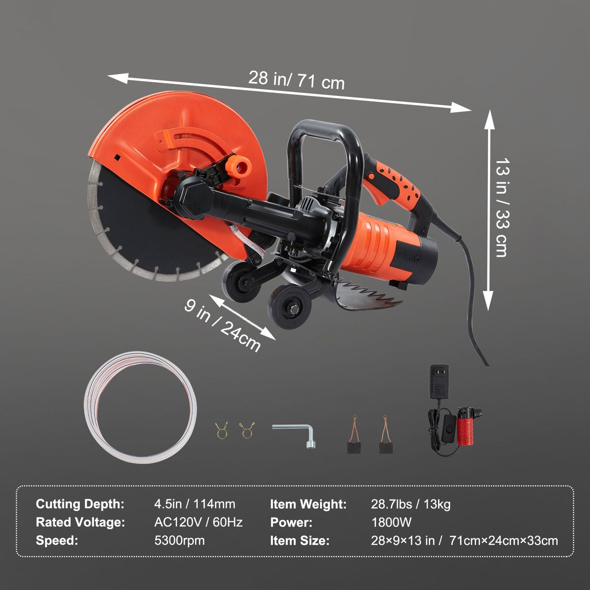 Electric Concrete Saw, 12 in, 1800 W Motor Circular Saw Cutter with Max. 4.5 in Adjustable Cutting Depth, Wet Disk Saw Cutter Includes Water Line, Pump and Blade, for Stone, Brick