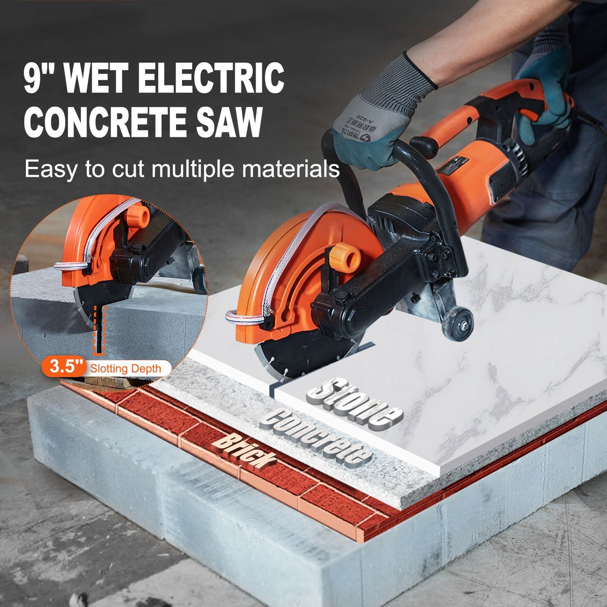 Electric Concrete Saw, 9 in, 1800 W Motor Circular Saw Cutter with 3.5 in Cutting Depth, Wet/Dry Disk Saw Cutter Includes Water Line, Pump and Blade, for Stone, Brick