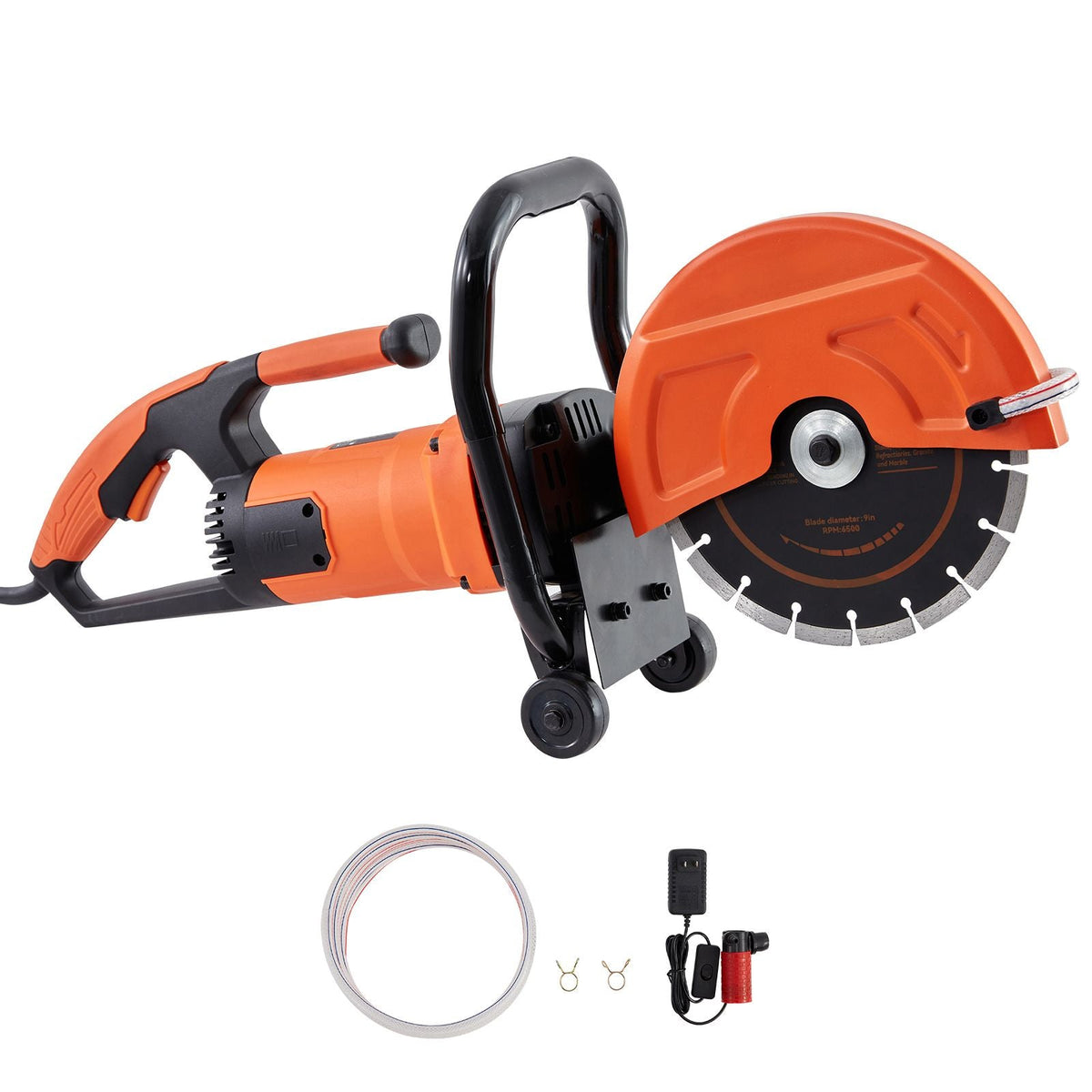 Electric Concrete Saw, 9 in, 1800 W Motor Circular Saw Cutter with 3.5 in Cutting Depth, Wet/Dry Disk Saw Cutter Includes Water Line, Pump and Blade, for Stone, Brick